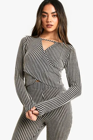 Boohoo Womens 2 Tone Rib Wrap Keyhole Long Sleeve Top - - 8