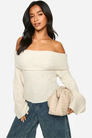 Boohoo Womens Petite Off The Shoulder Borg Knit Jumper - - L