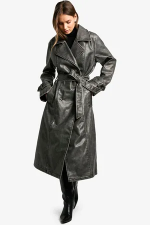 Boohoo Womens Vintage Look Faux Leather Trench Coat - - 14