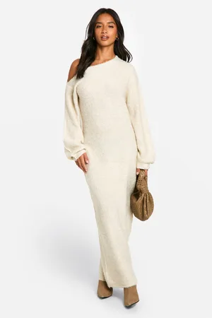 Boohoo Womens Petite Off The Shoulder Borg Knitted Maxi Dress - - S