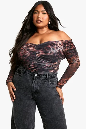 Boohoo Womens Plus Ruched Front Bardot Long Sleeve Top - - 16