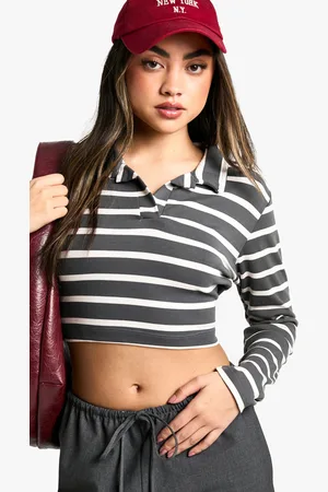 Boohoo Womens Striped Collar Long Sleeve Crop Top - - 8