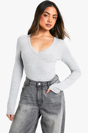 Boohoo Womens Basic Marl V Neck Long Sleeve Bodysuit - - 6