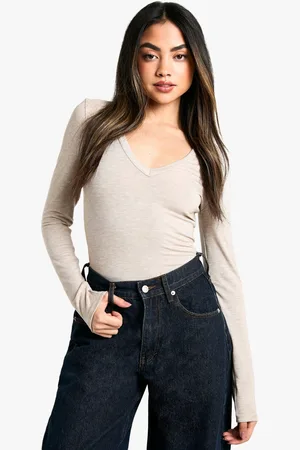 Boohoo Womens Basic Marl V Neck Long Sleeve Bodysuit - - 6