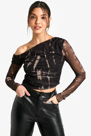 Boohoo Womens Mesh Asymmetric Neck Bardot Top - - 6