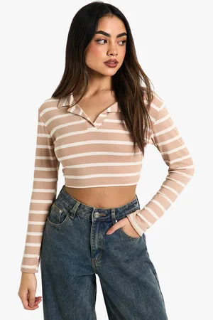 Boohoo Womens Striped Collar Long Sleeve Crop Top - - 8