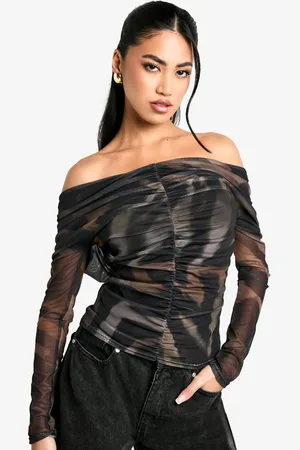 Boohoo Womens Animal Ruched Front Bardot Long Sleeve Top - - 6