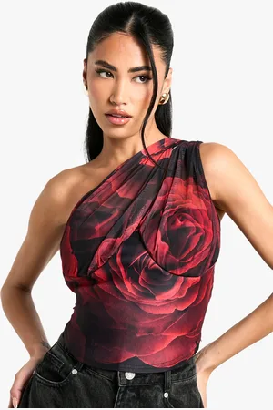 Boohoo Womens Rose Print Mesh One Shoulder Corset Detail Top - - 6