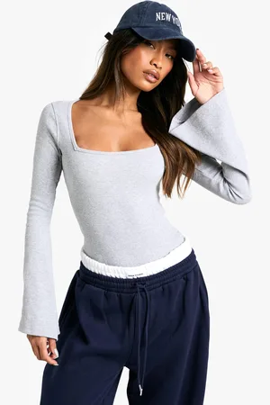 Boohoo Womens Flared Sleeve Rib Square Neck Bodysuit - - 6