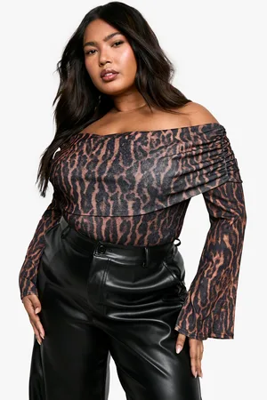 Boohoo Womens Plus Ruched Bardot Leopard Bodysuit - - 16