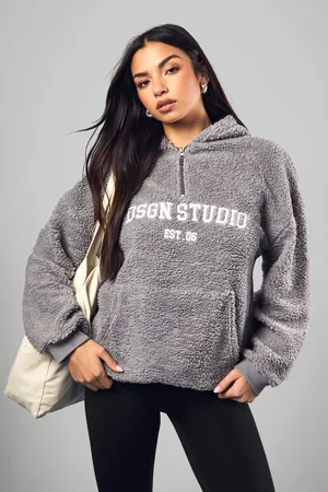 Boohoo Womens Dsgn Studio Embroidered Borg Half Zip Hoodie - - S