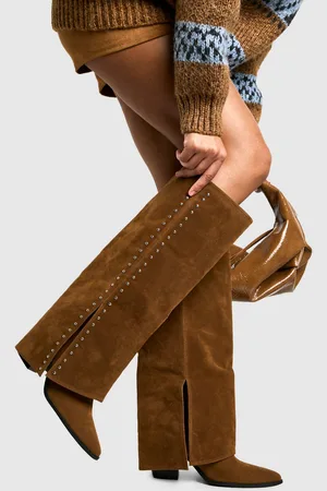 Boohoo Womens Faux Suede Studded Detail Fold Over Distressed Western Boot - - 3