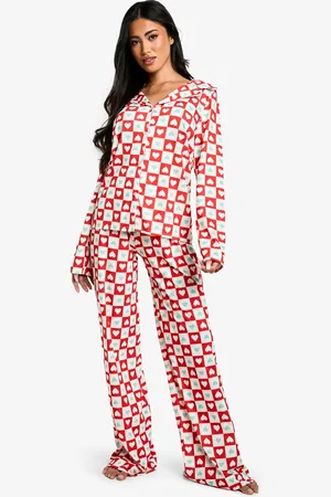 Boohoo Womens Heart Print Long Sleeve Shirt & Trouser Pyjama Set - - 6