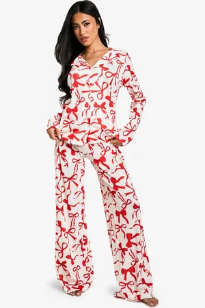 Boohoo Womens Bow Print Long Sleeve Shirt & Trousers Pyjama Set - - 6