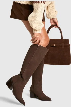 Boohoo Womens Wide Fit Nubuck Western Cowboy Boots - - 4