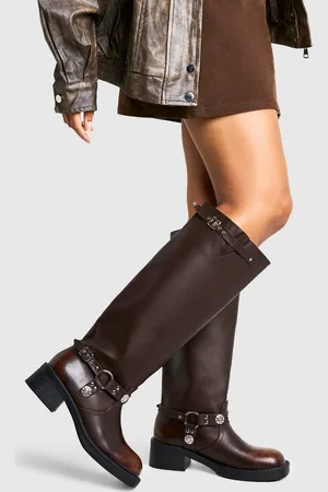 Boohoo Womens Wide Fit Western Style Buckle Detail Knee High Boots - - 3