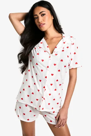 Boohoo Womens Heart Print Short Sleeve Shirt & Shorts Pyjama Set - - 10