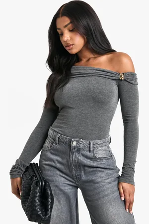 Boohoo Womens Marl Off Shoulder Trim Detail Bodysuit - - 6