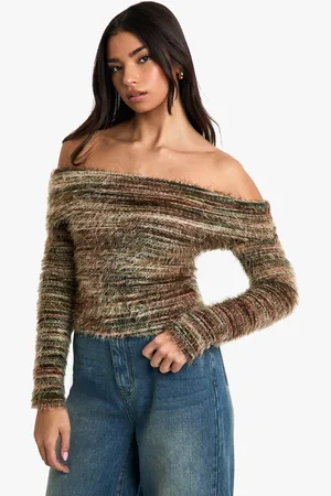 Boohoo Womens Marl Fluffy Knit Off Shoulder Top - - 6