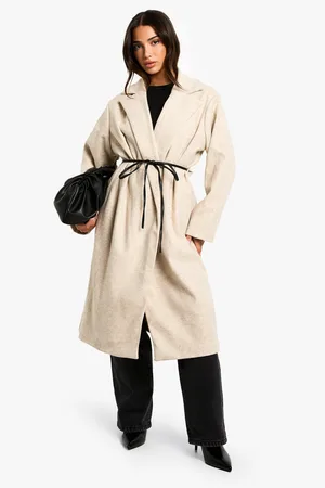 Boohoo Womens Petite Faux Leather Belt Wool Look Coat - - 6