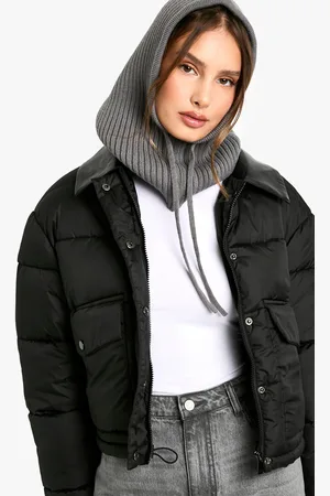 Boohoo Womens Faux Leather Contrast Collar Puffer Jacket - - 8