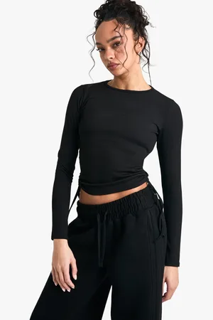 Boohoo Womens Ribbed Ruched Tie Side Long Sleeve Top - - 6