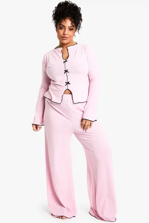 Boohoo Womens Plus Rib Contrast Bow Pj Top & Trouser Pj Set - - 16