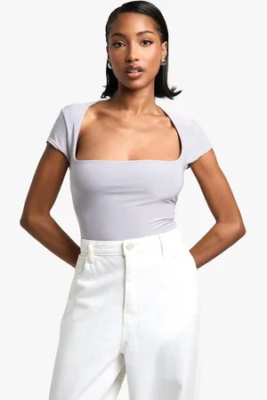 Boohoo Womens Double Layer Slinky Square Neck Cap Sleeve Bodysuit - - 6