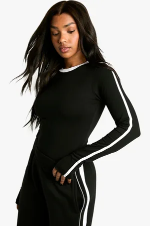 Boohoo Womens Contrast Binding And Sleeve Stripe Long Sleeve Bodysuit - - 6