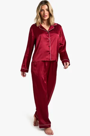 Boohoo Womens Petite Satin Piping Detail Long Sleeve Shirt & Trousers Pyjama Set - - 6