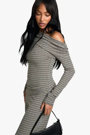 Boohoo Womens Striped Jersey Slouchy Off Shoulder Top - - 6