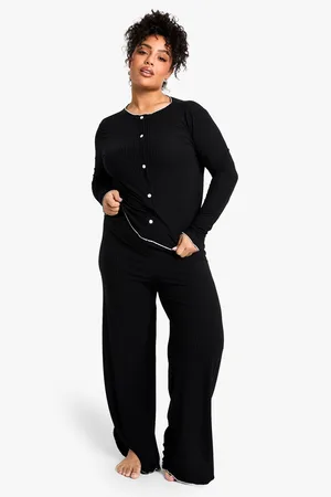 Boohoo Womens Plus Rib Contrast Button Rib Top & Trouser Pj Set - - 16