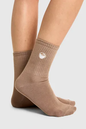 Boohoo Womens Coffee Embroidered Sock 3 Pack - - One Size