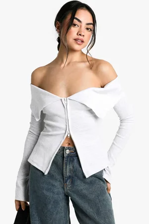 Boohoo Womens Double Zip Bardot Rib Top - - S