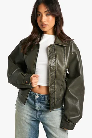 Boohoo Womens Petite Vintage Look Faux Leather Bomber Jacket - - 12