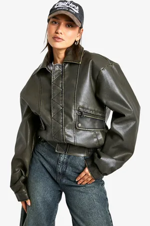 Boohoo Womens Tall Vintage Look Faux Leather Bomber Jacket - - 12