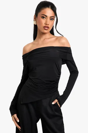 Boohoo Womens Slinky Bardot Ruched Front Long Sleeve Top - - 6
