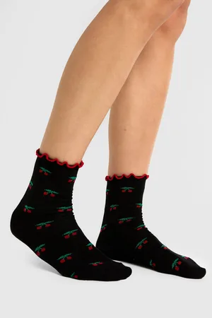 Boohoo Womens Contrast Frill Cherry Pattern Sock 2 Pack - - One Size