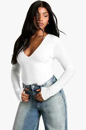 Boohoo Womens Double Layer Slinky Plunge Front Long Sleeve Bodysuit - - 6