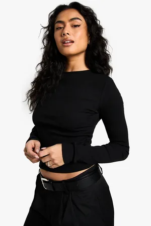 Boohoo Womens Basics Rib Long Sleeve Crew Neck Crop Top - - 6