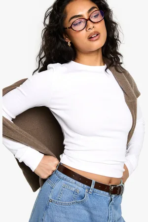 Boohoo Womens Basics Rib Long Sleeve Crew Neck Crop Top - - 10