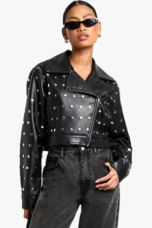Boohoo Womens Studded Crop Faux Leather Jacket - - 8