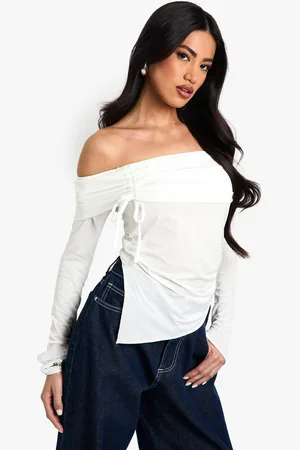 Boohoo Womens Slinky Bardot Ruched Front Long Sleeve Top - - 8