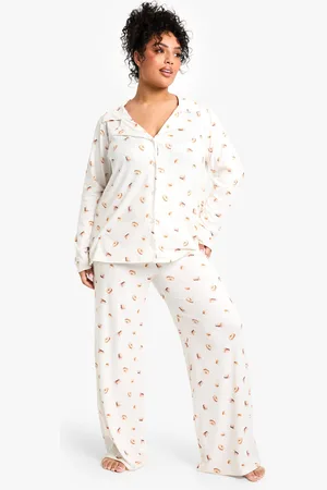 Boohoo Womens Plus Coffee Print Long Sleeve & Trouser Pj Set - - 16