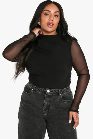 Boohoo Womens Plus Ruched Long Sleeve Mesh Bodysuit - - 28