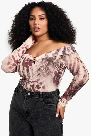 Boohoo Womens Plus Off The Shoulder Printed Bodysuit - - 16