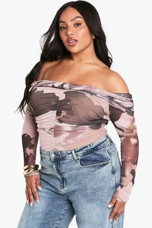 Boohoo Womens Plus Bardot Ruched Detail Long Sleeve Bodysuit - - 16