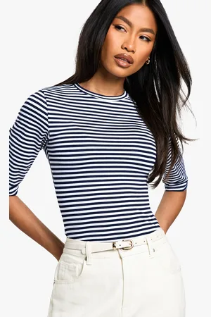 Boohoo Womens Stripe 3/4 Sleeve Crew Neck Bodysuit - - 6