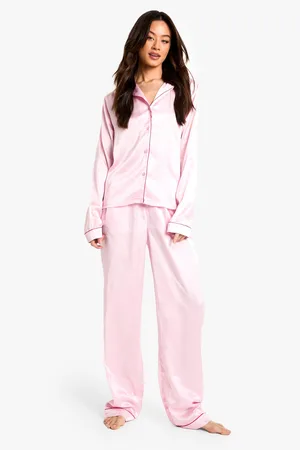 Boohoo Womens Tall Piping Detail Satin Long Sleeve Shirt & Trousers Pyjama Set - - 8