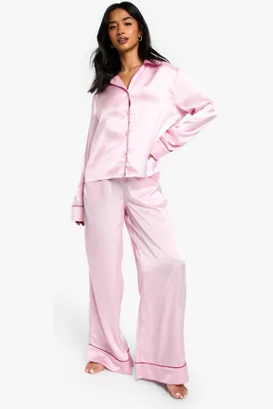 Boohoo Womens Petite Satin Piping Detail Long Sleeve Shirt & Trousers Pyjama Set - - 6
